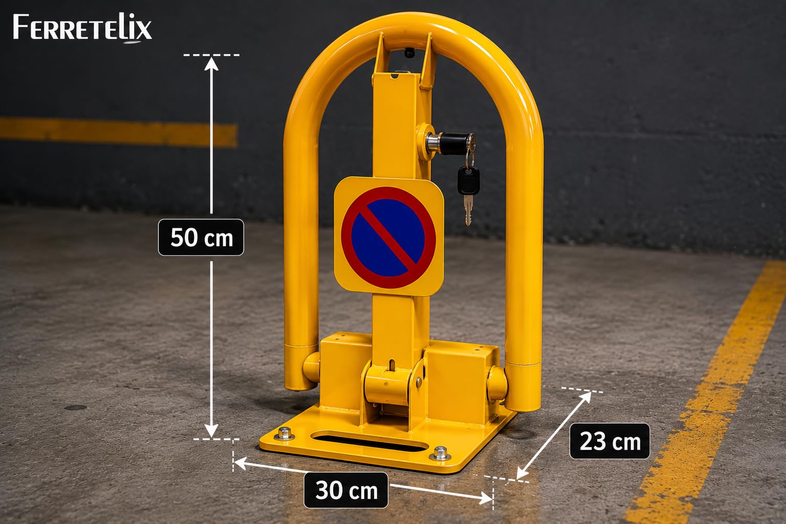 Ferretelix® Barrera de Parking Abatible con Cerradura – Cepo Parking Amarillo para Plaza de Garaje Privada – Valla de Aparcamiento Antirrobo con Llave – 50 cm x 30 cm x 23 cm