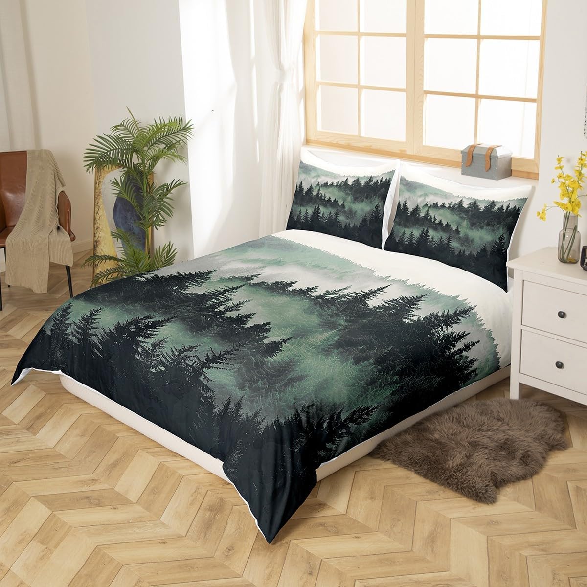 Feelyou Smoky Mountain Bedding Set for Adults Trees Natural Scenery Art Comforter Cover Set Nature Lover Gift Room Decorative Duvet Cover Foggy Scenic Bedspread Cover King Size 3Pcs Bedclothes