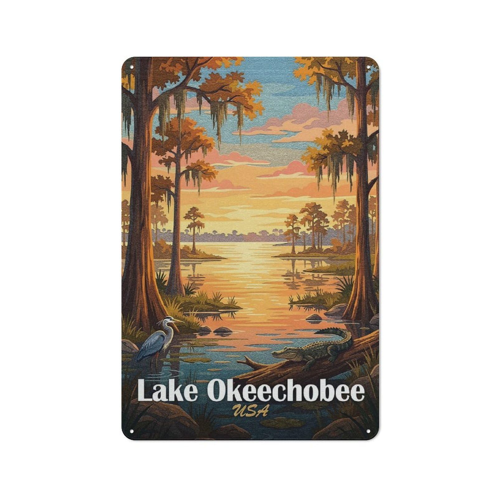 Metal Wall Plaque with Lake Okeechobee, Florida Landscape Art Design 30x20cm, Simple Retro Studio Wall Plaque for Hobby Room, Office, Lounge Or Living Room