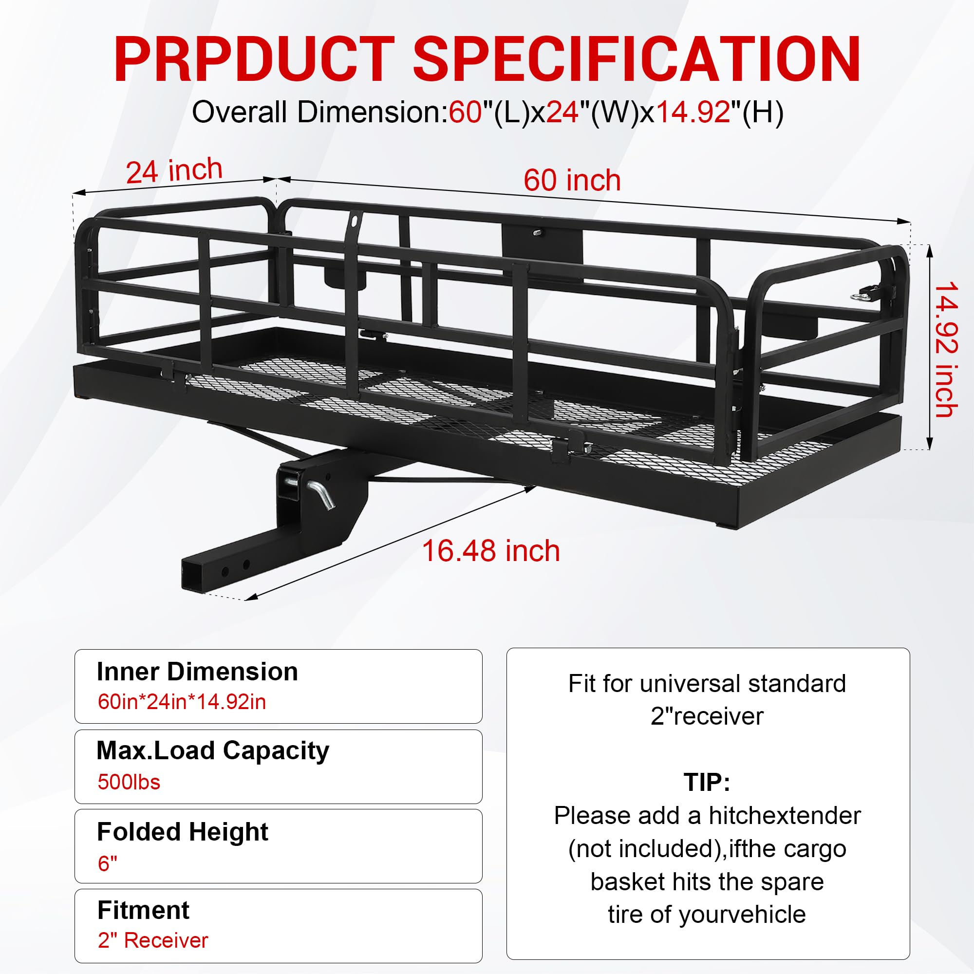 Heavy-Duty 500LB Hitch Cargo Carrier Rack | 60x24x14 Foldable SUV Pickup Truck Accessory with Waterproof Cargo Bag & 2
