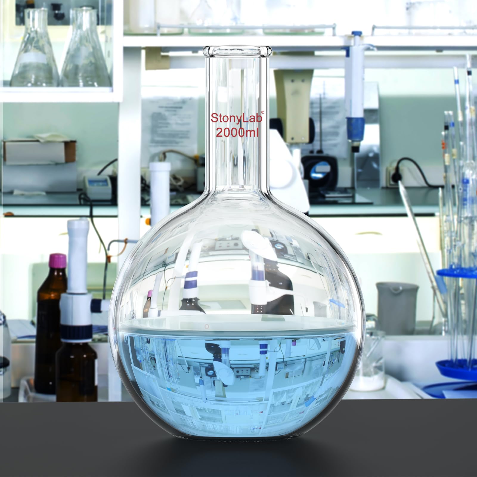 Matraz Fondo Plano 2000ml (2L) de Cristal Borosilicato Pared Gruesa con Cuello Largo Matraz Laboratorio
