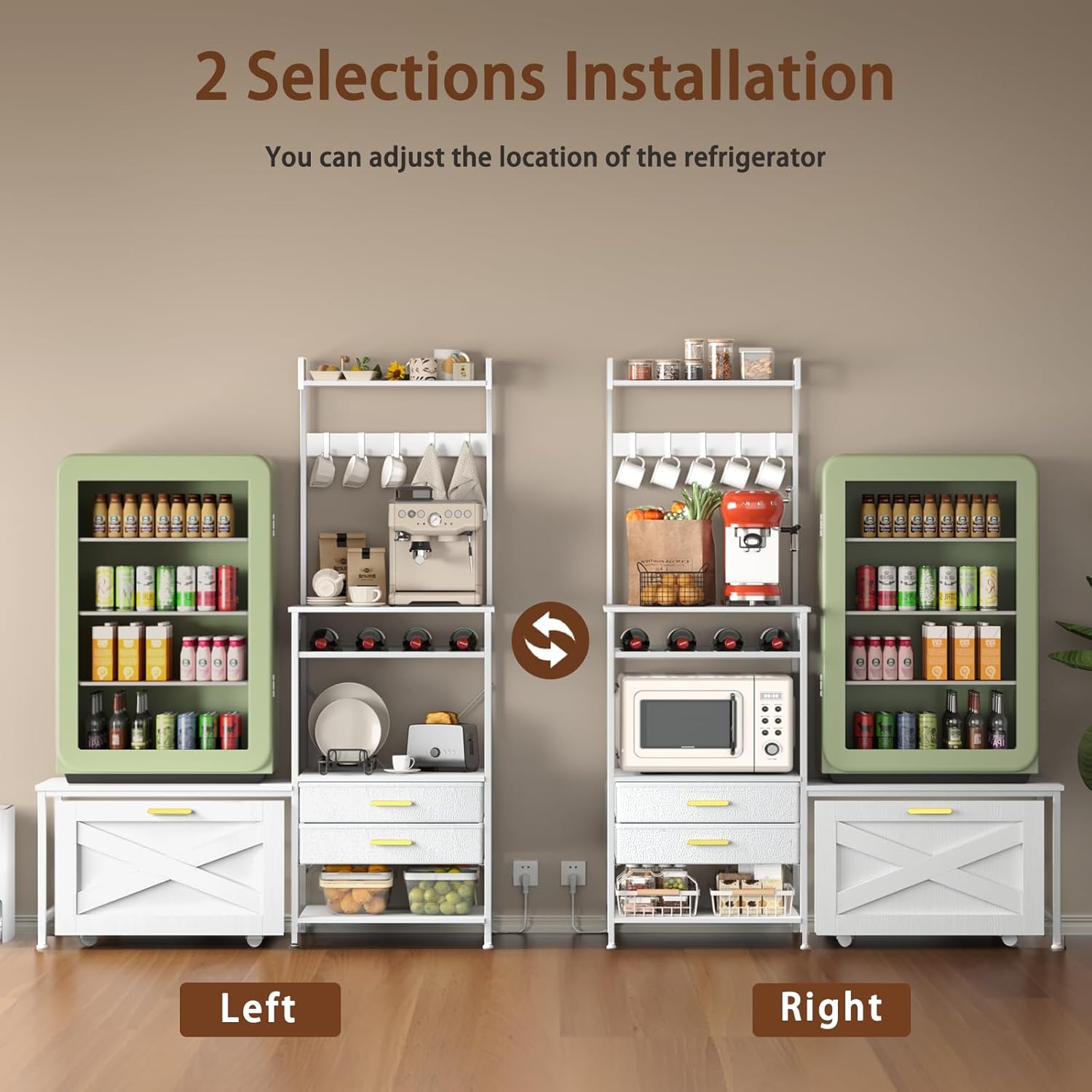 Mini Fridge Stand with Microwave Shelf, Farmhouse Mini Fridge Stand with Wine Rack & Power Outlet, Kitchen Bakers Rack with Shelf and Drawers for Home Dorm Office Bar, White Large