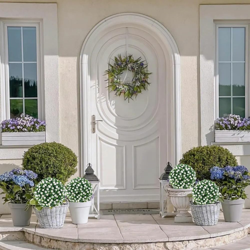 Artificial Flower Topiary Ball Set of 2, Rose Flower Boxwood Balls Plant, UV Resistant Faux Boxwood Decorative Balls for Backyard Balcony Garden Wedding Outdoor Home Décor (White, 13in)