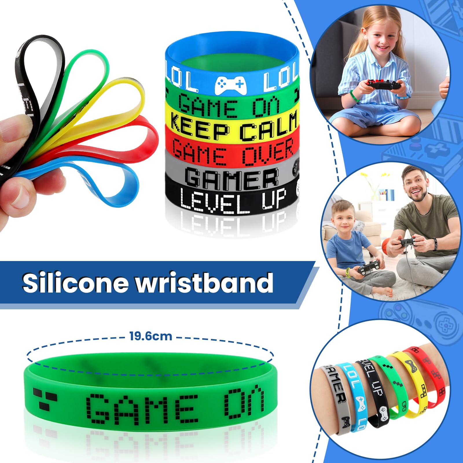 56 PCS Favores de Fiesta de Videojuegos con Llavero de Controlador | Juego Bandas de Bofetada Bolsas con Cordón Tatuajes Temporales Pulsera Silicona Mantel, para Fiestas Temáticas Videojuegos