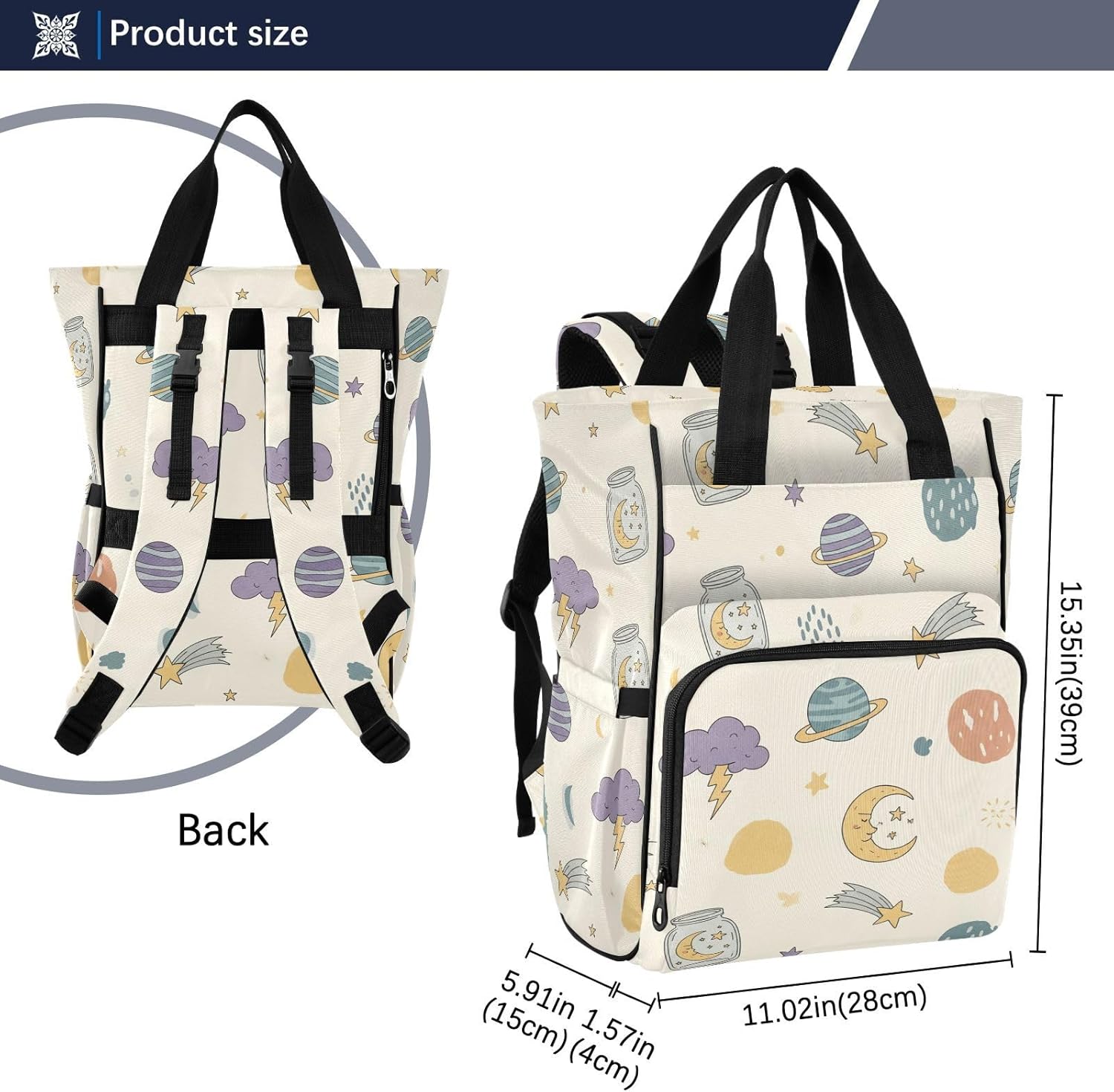 SPRIPORT Space Planets Moon Stars Pattern Diaper Bag Backpack for Baby Boys Girls Multifunction Baby Essentials Travel Tote with Stroller Straps & Bottle Storage Large Travel Diaper Backpack for Baby