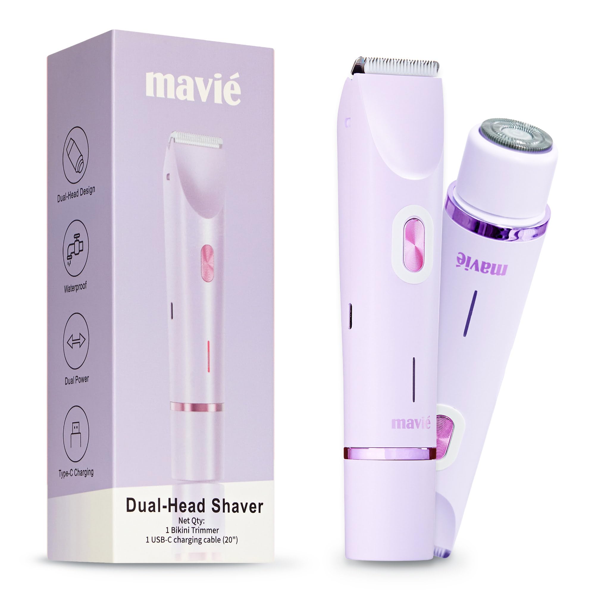 MAVIÉ Recortadora de bikini de doble cabeza para mujer, maquinilla de afeitar eléctrica para cara y cuerpo, herramienta de depilación indolora, cabezales de afeitado de precisión y cuerpo, recargable
