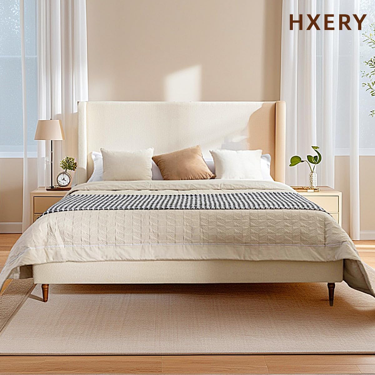 King Size Bed Frame With Headboard,54"High Headboard Boucle Upholstered Platform Bed,bedroom Furniture Sets No Springs Required,Metal Bed Frame With Wooden Slats for Strong Support,No Noise Free,Ivory