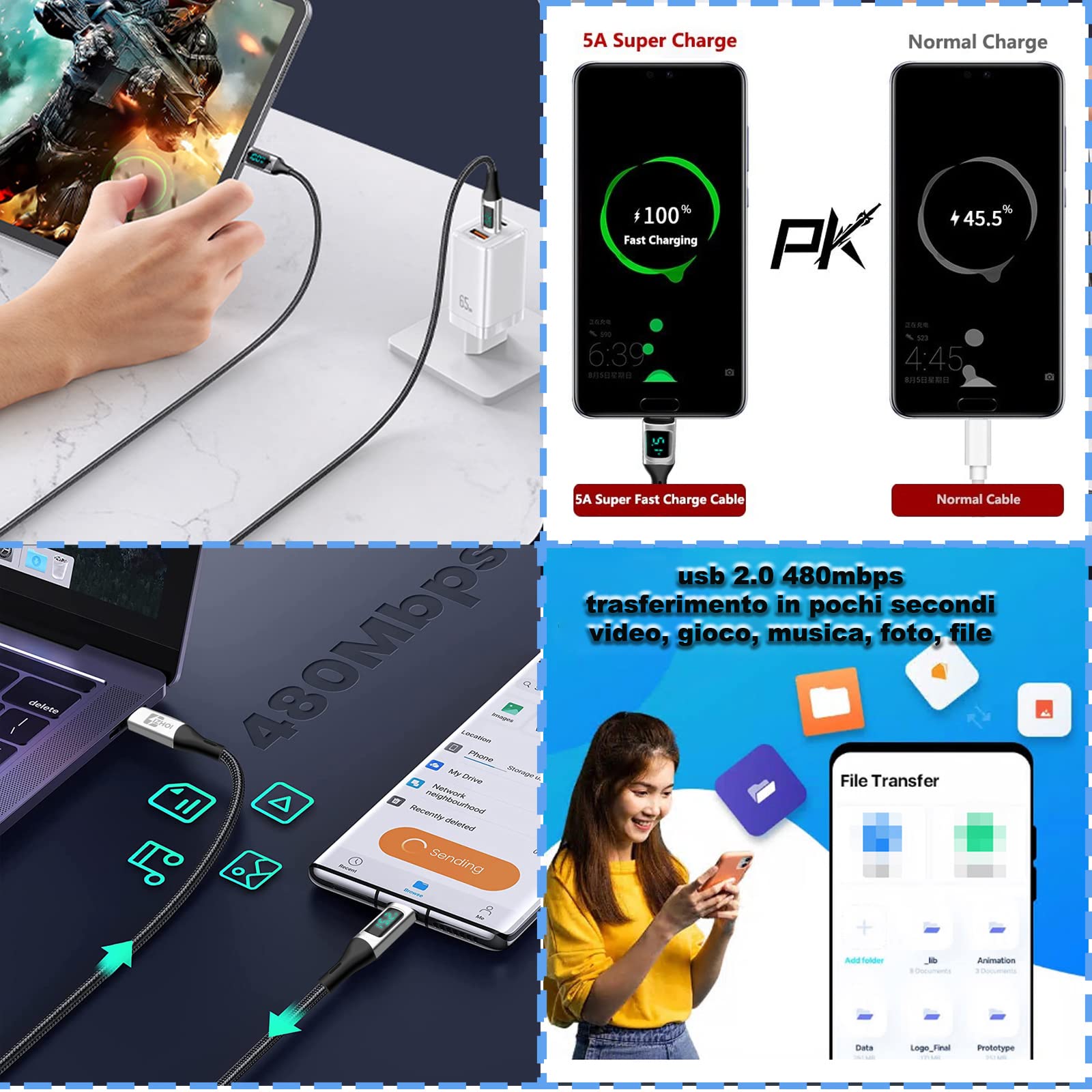 IZHOI Cavo USB Type-c USB C PD 100W 5A Cavo di Ricarica 2m nero per iphone 15 Galaxy S23 S22 S21 S10 S9 Plus Mcabook pad Pro 2020