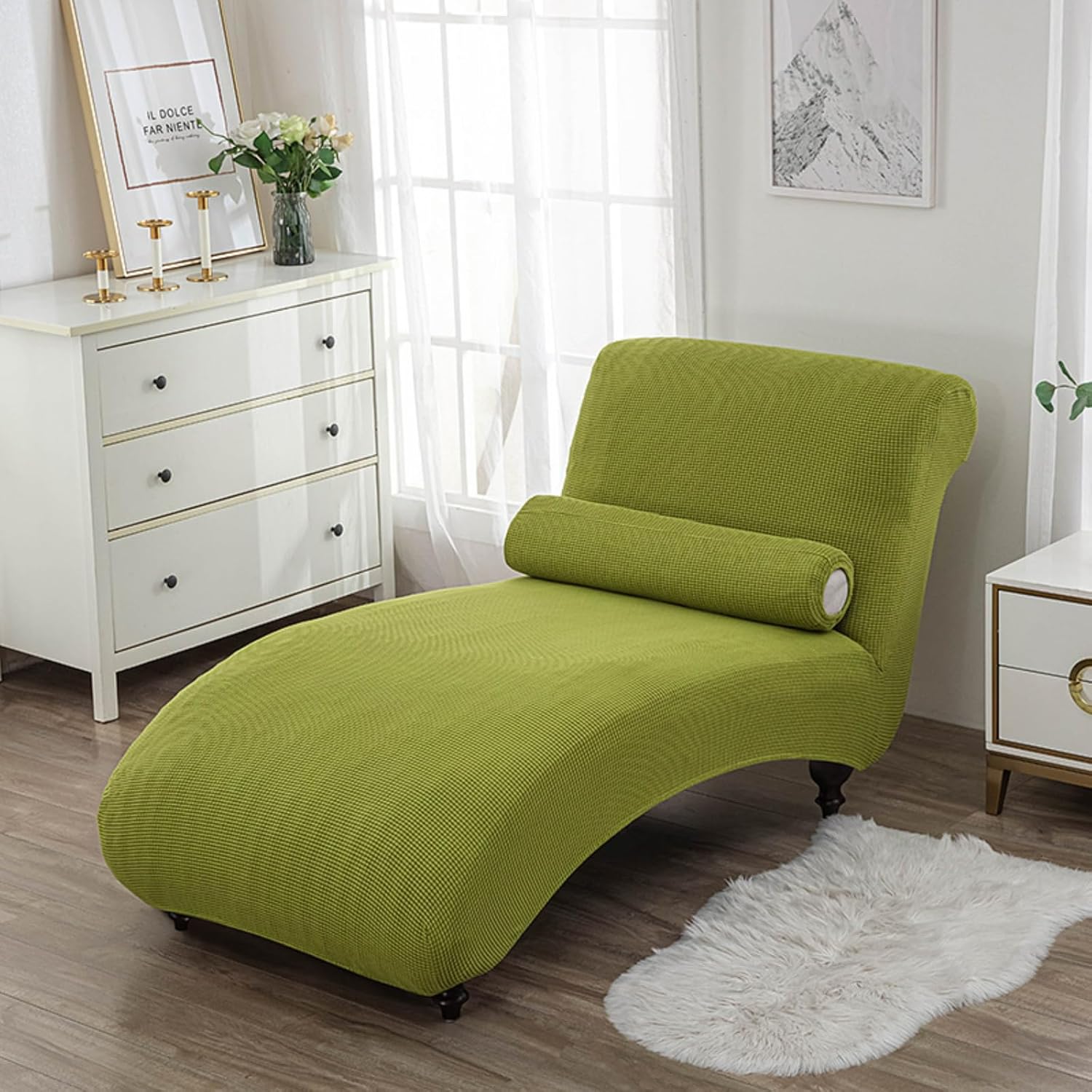Stretch Chaise Lounge Cover Indoor, Armless Chaise Chair Slipcover Furniture Protector Chaise Slipcover for Living Room Machine Washable (Grass Green)