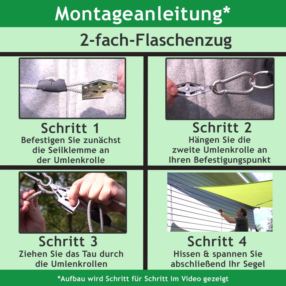 Sonnensegel 2-Fach Flaschenzug Set - mastseitig, für Sonnensegel Masten/Profi Spannsystem zum Spannen & Befestigen/Robustes Seilzugsystem mit integrierter Klemme