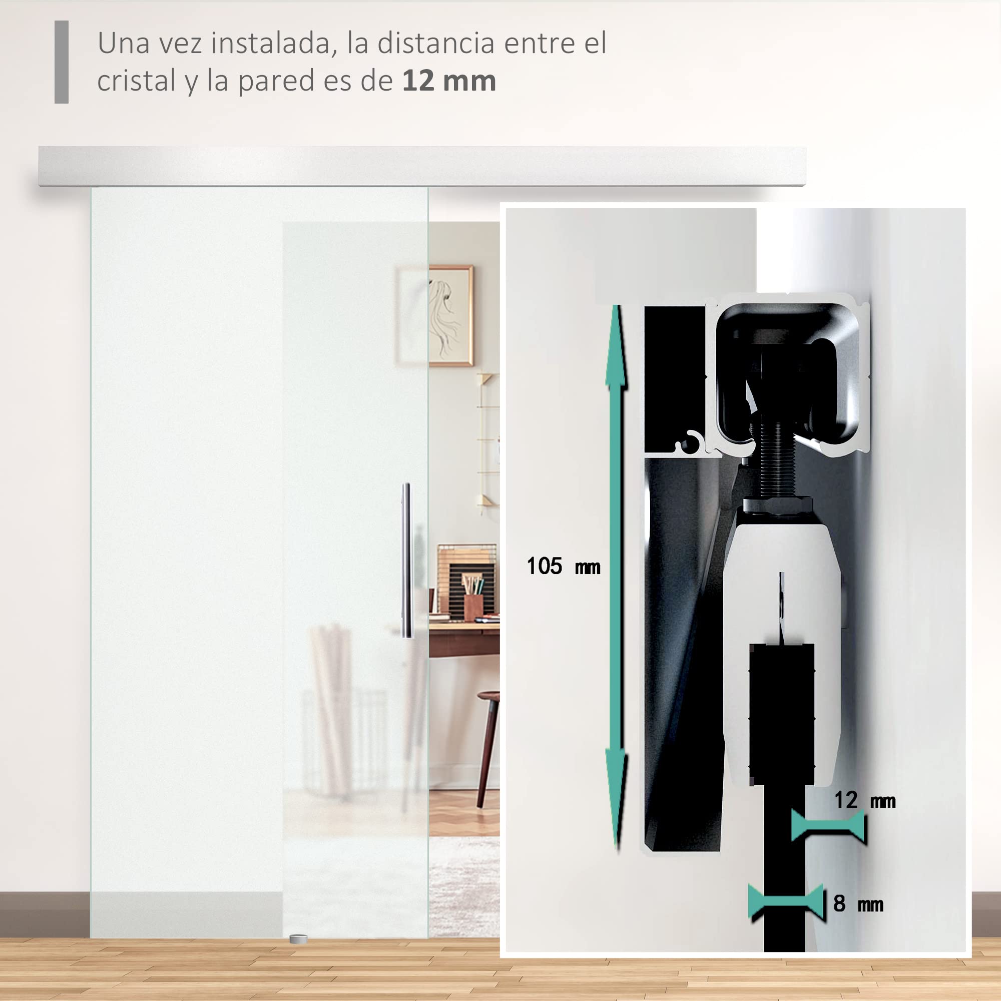 HOMCOM Puerta Corredera 102,5x205 cm Puerta Corrediza de Cristal con Riel Silenciosa para Sala de Estar Comedor Translúcido