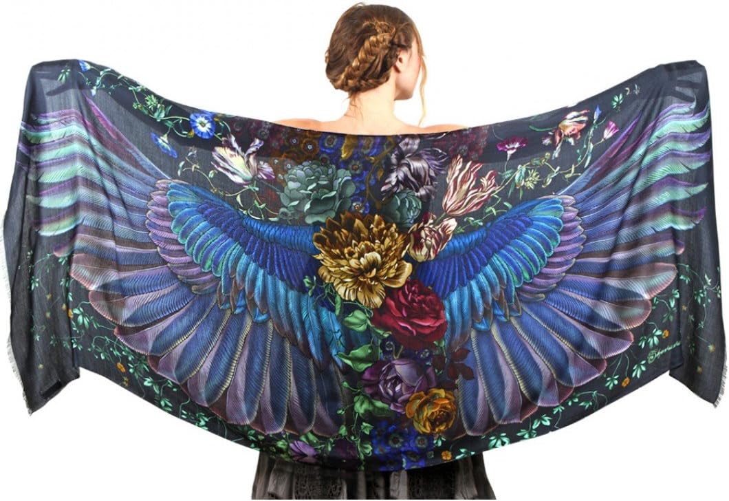 Designer Silk & Cashmere Scarf With Wide Spread Bird Feather Wings (Onyx)