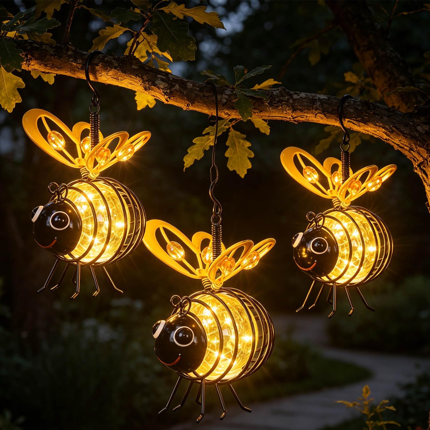 Solar-Powered Hanging Bee Light for Garden, 4-Pack Metal Glow Lanterns with Spring Hook, Flicker-Free Auto Sensor Outdoor Decor for Patio, Yard, Balcony & Tree Branches (3*Yellow)