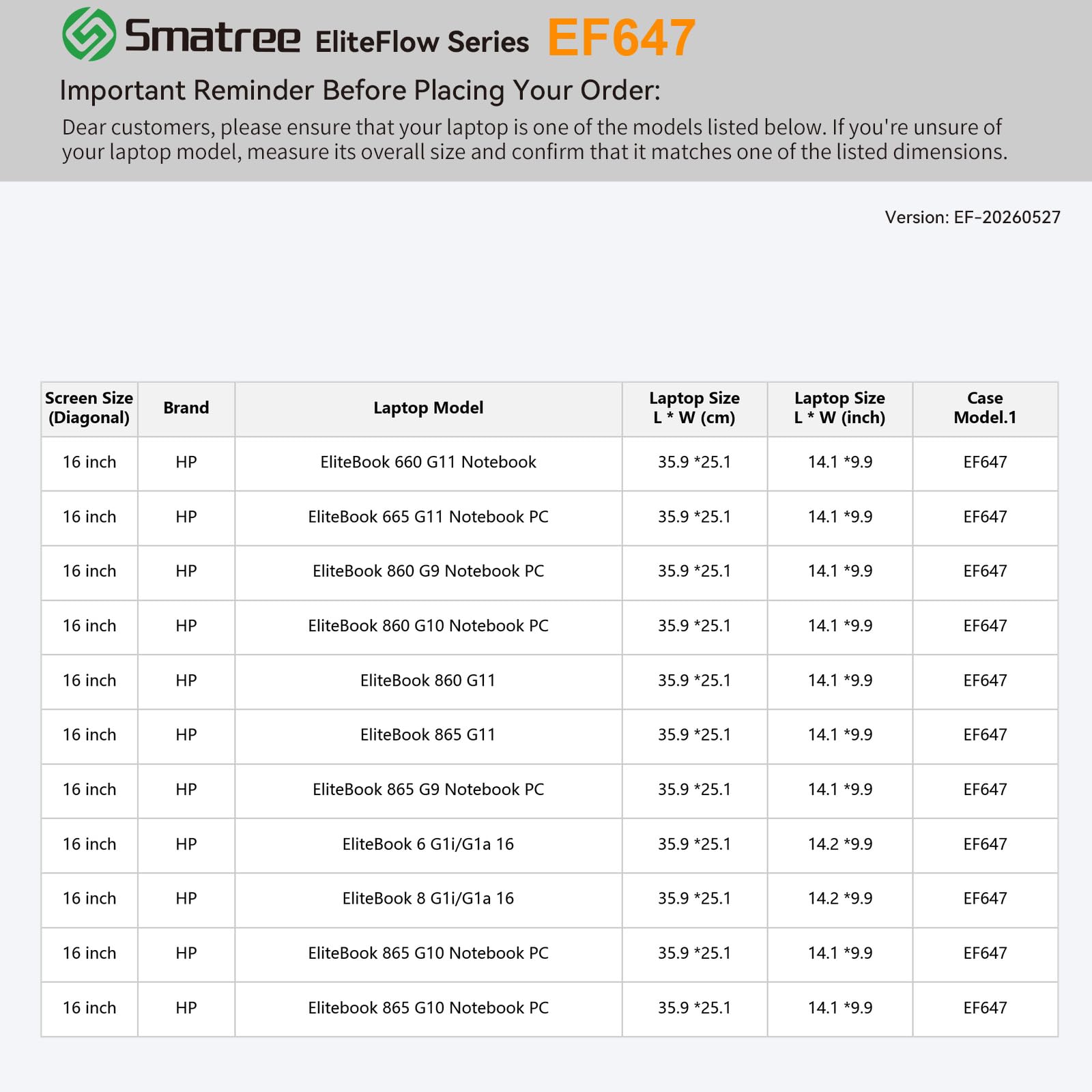 Smatree EliteFlow - Custodia per laptop HP EliteBook 6/8 G1i/G1a, EliteBook 660/665 G11, EliteBook 860 G9/G10/G11, EliteBook 865 G11/G10/G9, con tasca per accessori (EF647)