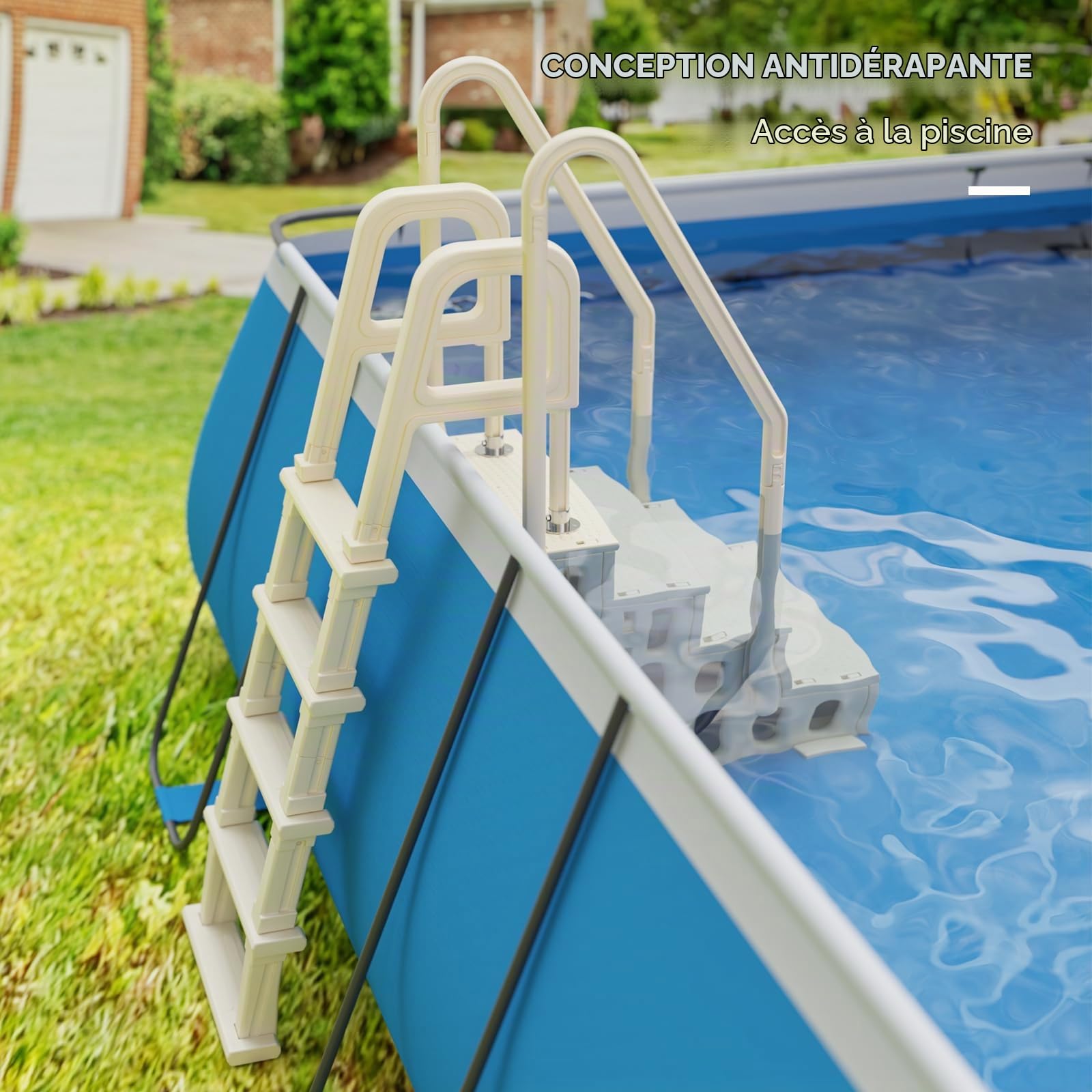 BONNLO Ensemble Escaliers de Piscine Double 4+5 Marches, PE, Blanc Cassé, Échelle de Piscine Creusée et Hors Sol 122-137 cm, Anti-Dérapant, DIY Combiné