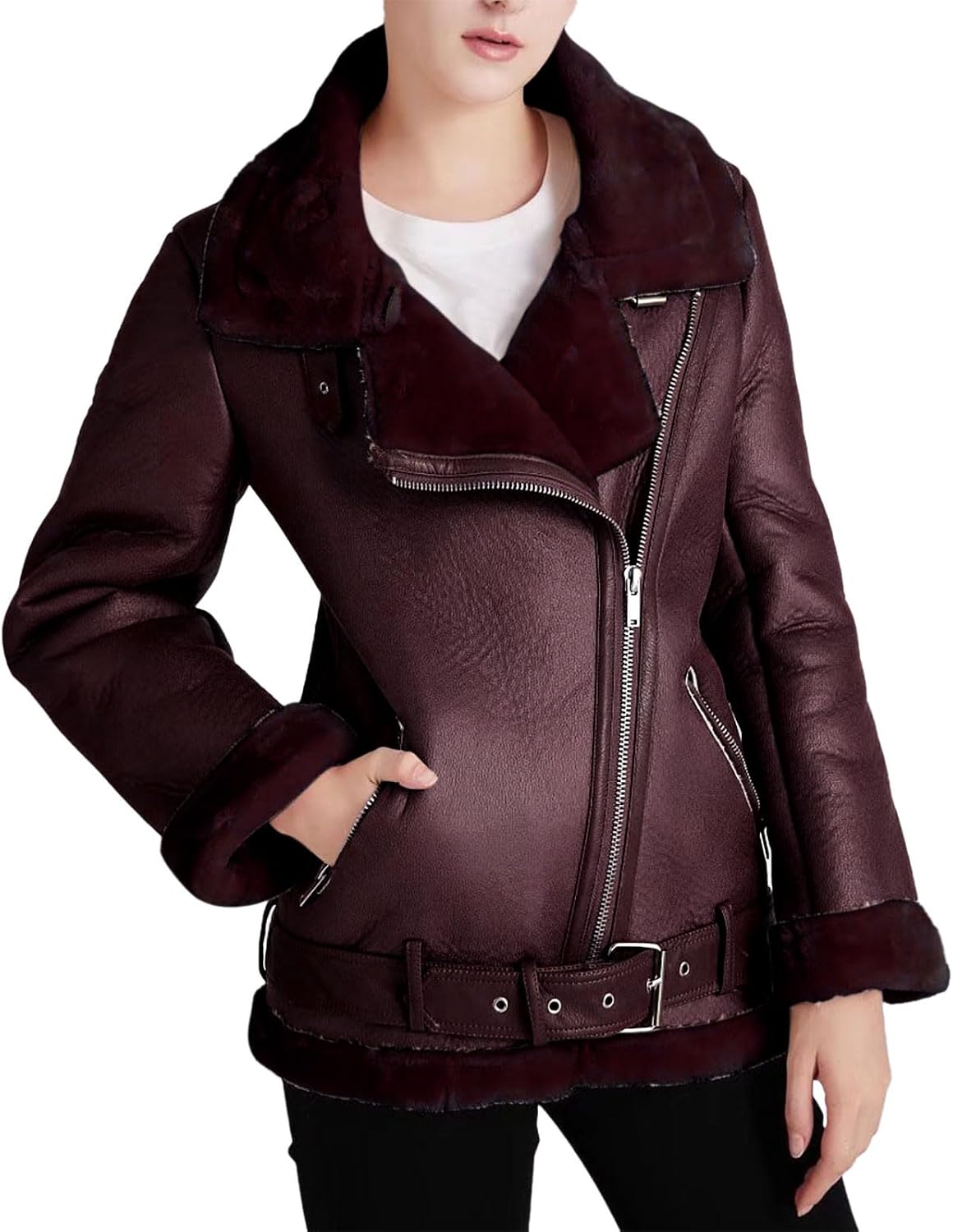 JOFOW Womens Suede Jackets Parka Lapel Fleece Collar Belted Flannel Lined Warm Loose Fashion Coats Plus Size XXL