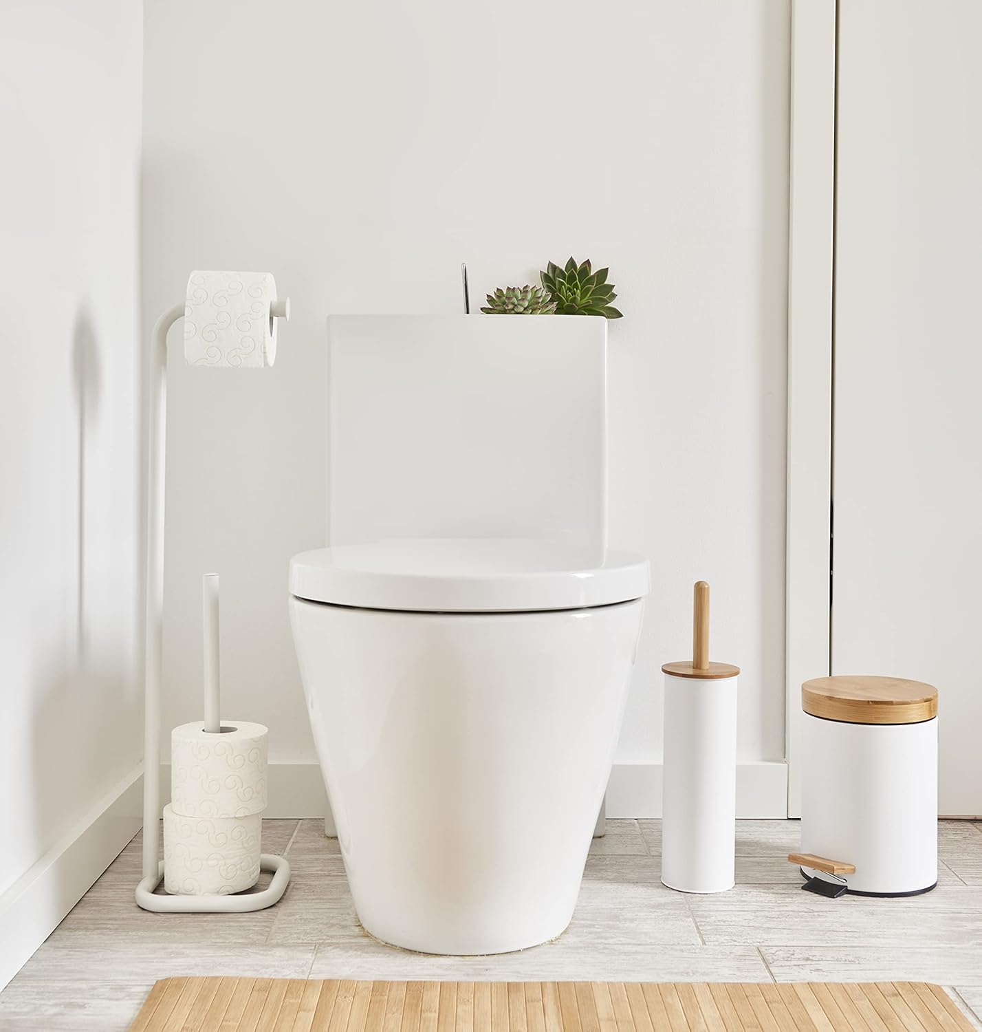 Zeller 18908 Cosmetic Bin 3 litres Metal/Bamboo Soft-Close Diameter 16.8 x 24 cm Scandi Design White