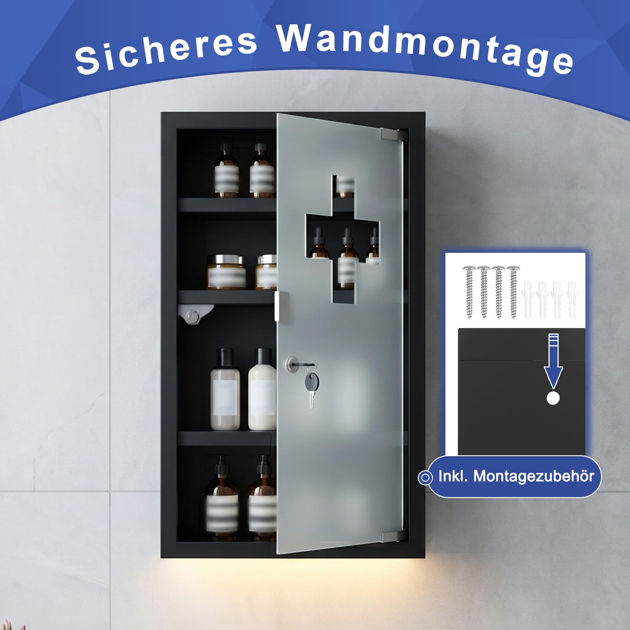 Froadp Armario medicinal de acero inoxidable con cerradura y puerta de cristal y cerradura, 30 x 12 x 57,5 cm, armario para medicamentos, botiquín de primeros auxilios (4 compartimentos), color negro