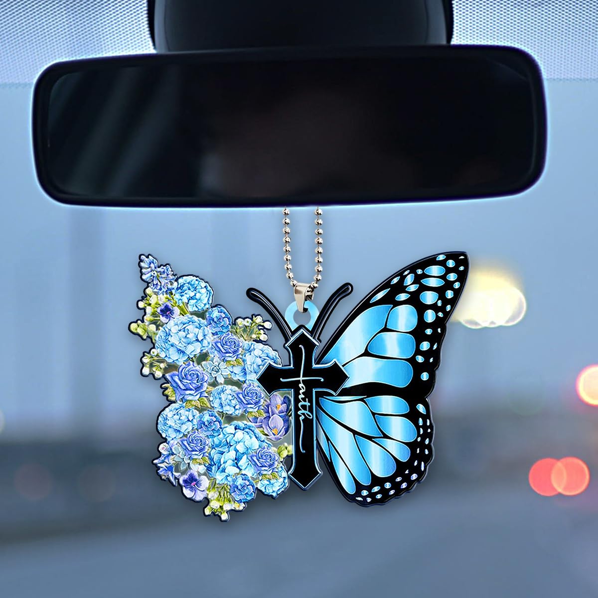 Butterfly Car Rear View Mirror Charm 2D Flat Acrylic Car Hanging Ornament Cute Cross Auto Mirror Pendant Present
