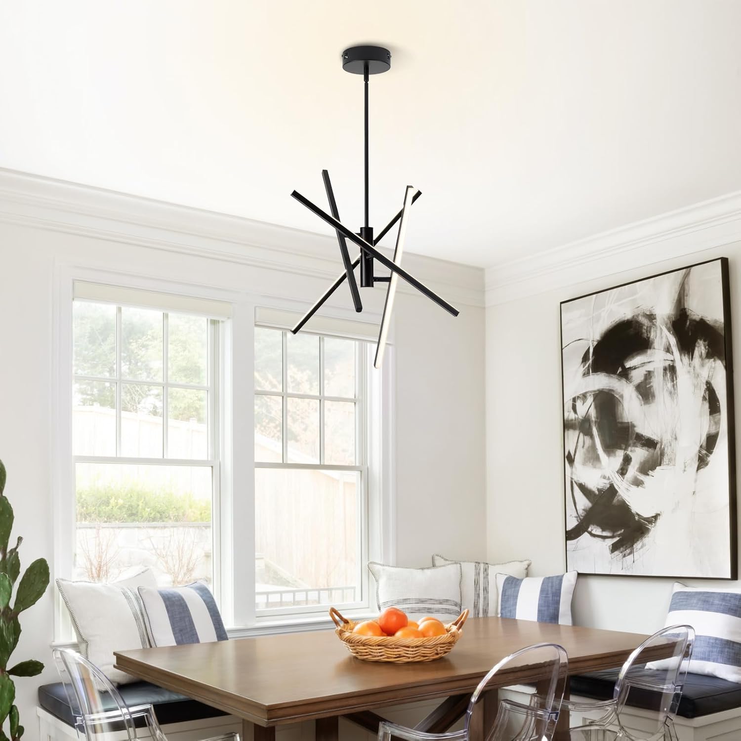 Modern Black Chandelier Light Fixtures: LED 4-Light Sputnik Dining Room Chandeliers Linear Pendant Lights Fixture Over Table Dimmable with Remote for Kitchen Island Living Room