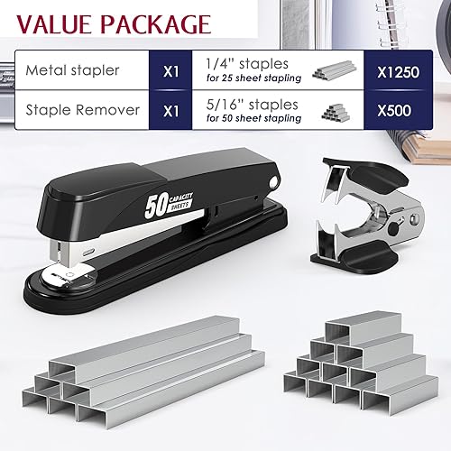 Miniatura 2 de Engrapadora de metal resistente con capacidad de 50 hojas con 1750 grapas y removedor de grapas, grapadoras de tira completa para escritorio, sin