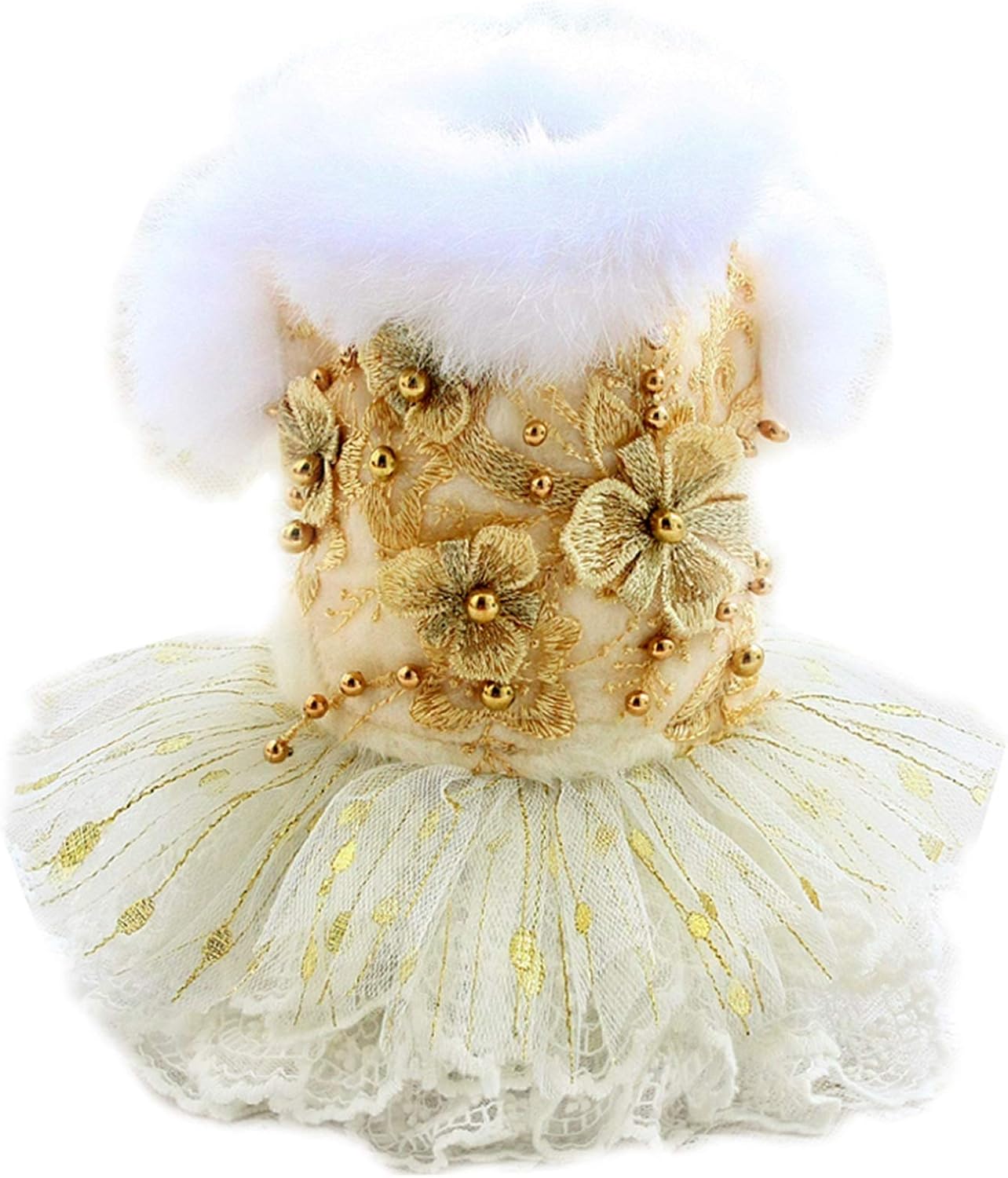 Dog Clothes Golden Flowers Wool Coat Dresses Warm Collar Lace Skirt Pet Outfit Poodle Maltese Chihuahua (Size : Small) (X)