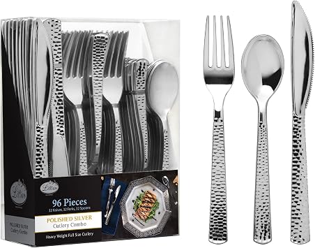 Plastic Cutlery Silverware Extra Heavyweight Disposable Flatware, Full Size Cutlery Combo, 32 Forks, 32 Knifes, 32 Spoons, Value Pack 96 Count