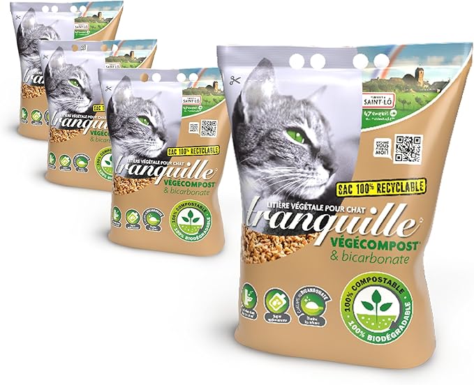 Tranquille - Litière végétale pour Chat agglomérante Vegecompost 4 litres - Lot de 4