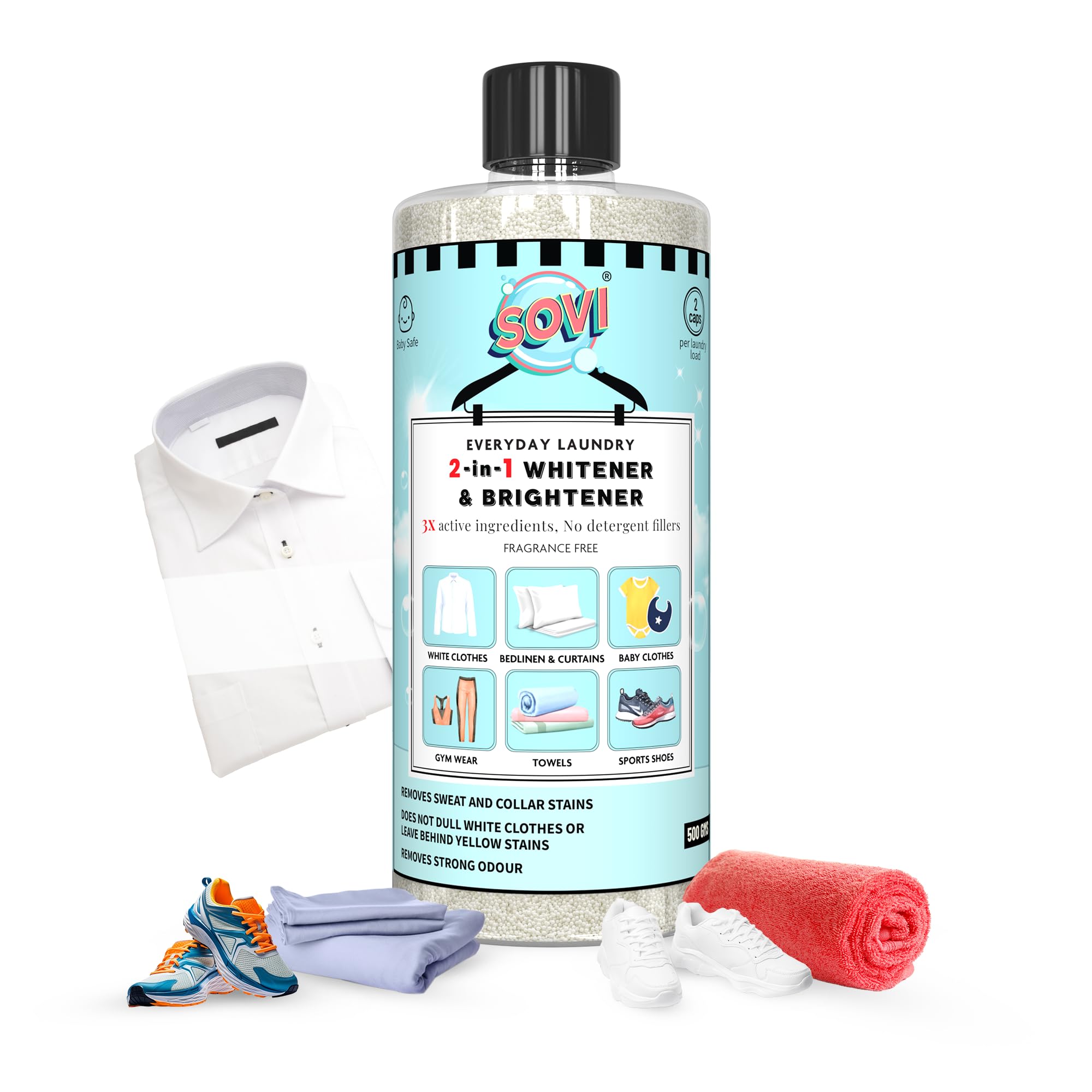 SOVI 2-in-1 Fabric Whitener & Brightener Powder – Odour-Free, Colour-Safe Laundry Care for Baby Clothes, Towels, Gym Wear & Bed Linen | Machine Wash Friendly, Gentle on Fabrics | 500g