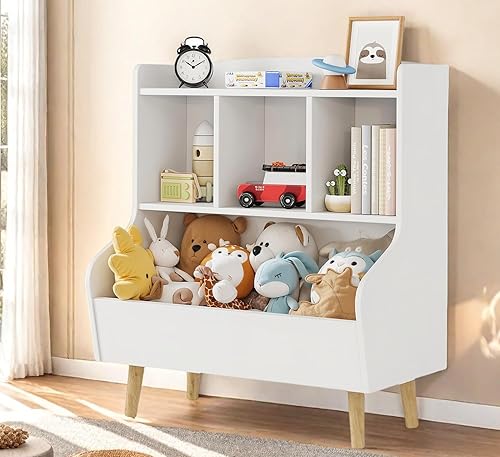 Estantería para niños y almacenamiento de juguetes, organizador de almacenamiento de juguetes de 4 compartimentos con estantería, cubo de