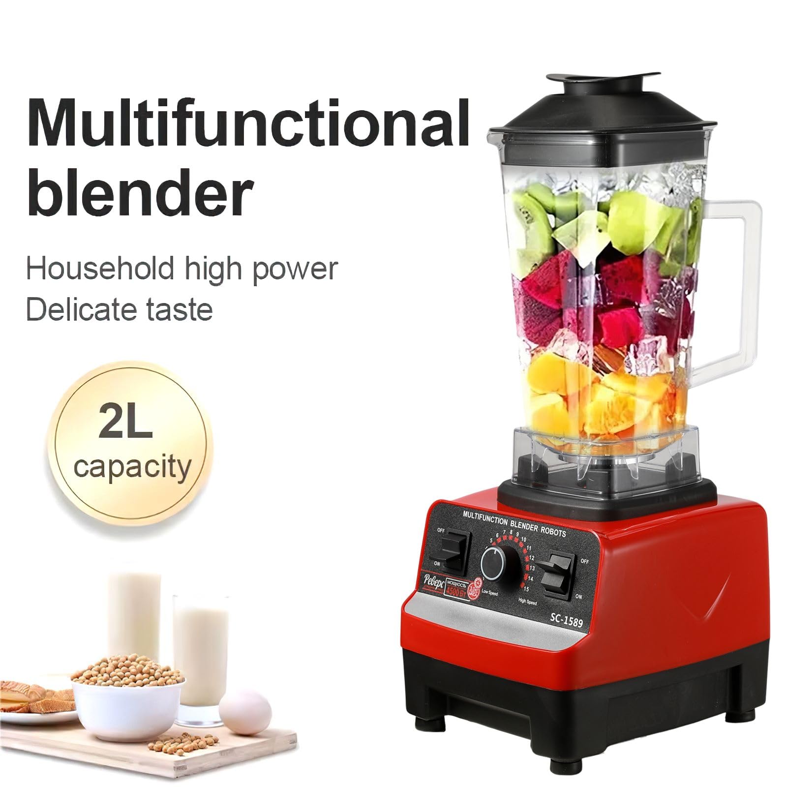Frullatore a bicchiere da 2000 W, 2 in 1 professionale, frullatore da 2 l, frullatore per succhi e frullati con 6 velocità, lame 4 lame in acciaio inox, funzione di pulizia automatica