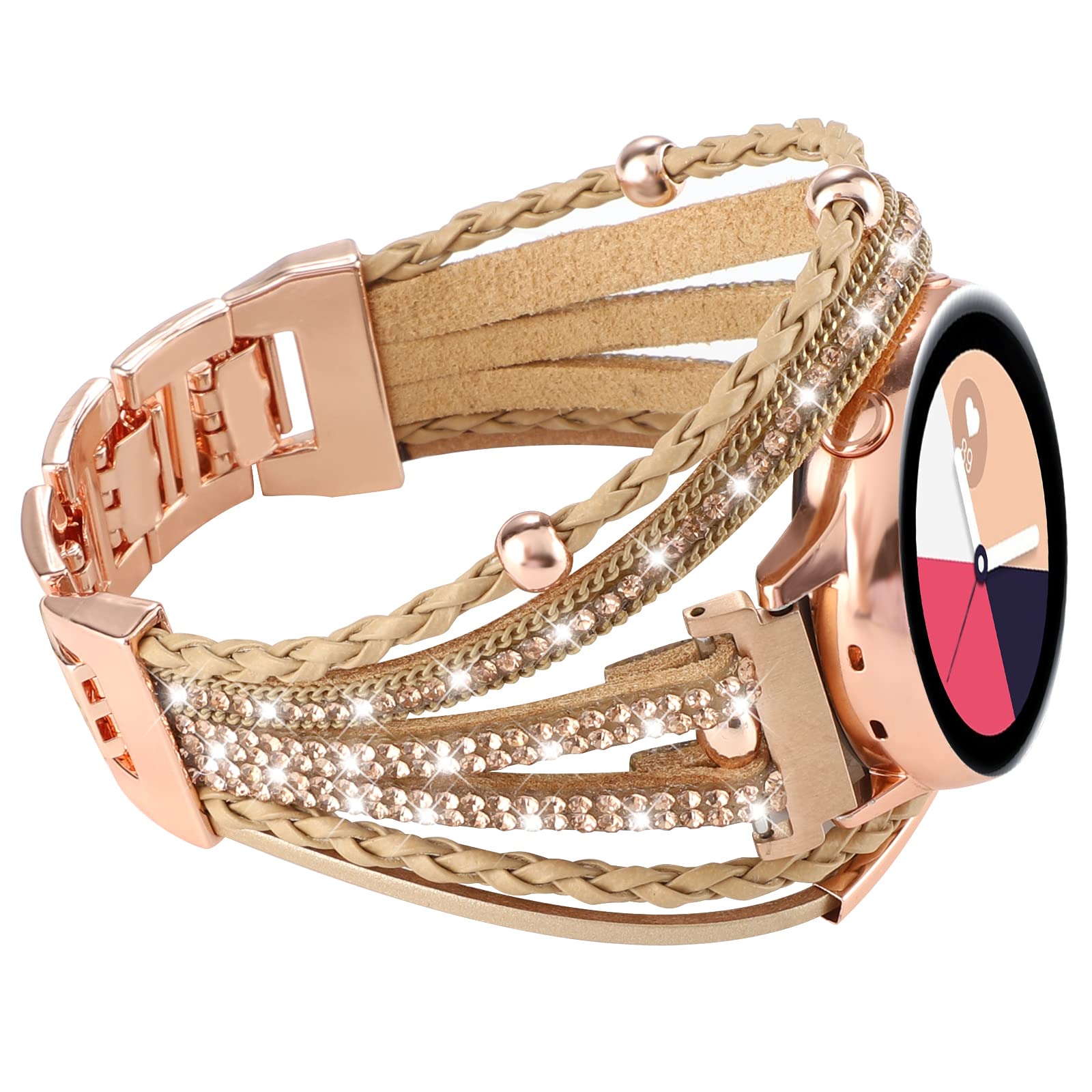20mm Posh Leather Bands Samsung Galaxy Watch 4 Band 40mm 44mm/Watch 4 Classic 42mm 46mm/Galaxy Watch 3 41mm/Active 2 Watch Band 40mm 44mm, Boho Bracelet Multilayer Wraps Women Strap