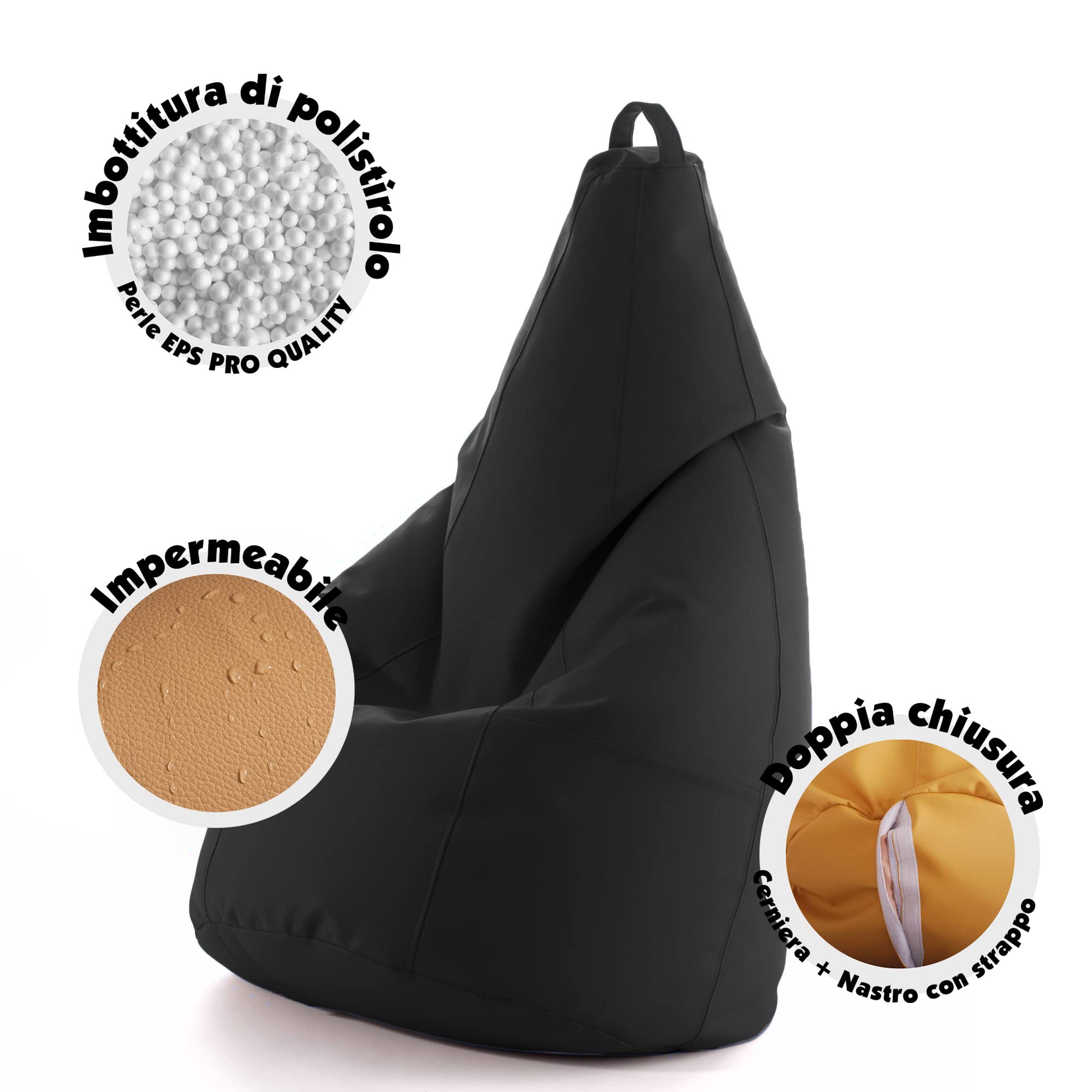 Avalon - Puff Poltrona Sacco Pera in Ecopelle Deluxe, Pouf Sacco di Qualità Sartoriale, Bean Bag per Sedersi Ergonomico, Pouf Sacco Impermeabile, OMAGGIO Pochette-Made in Italy(70x130cm-Nero)