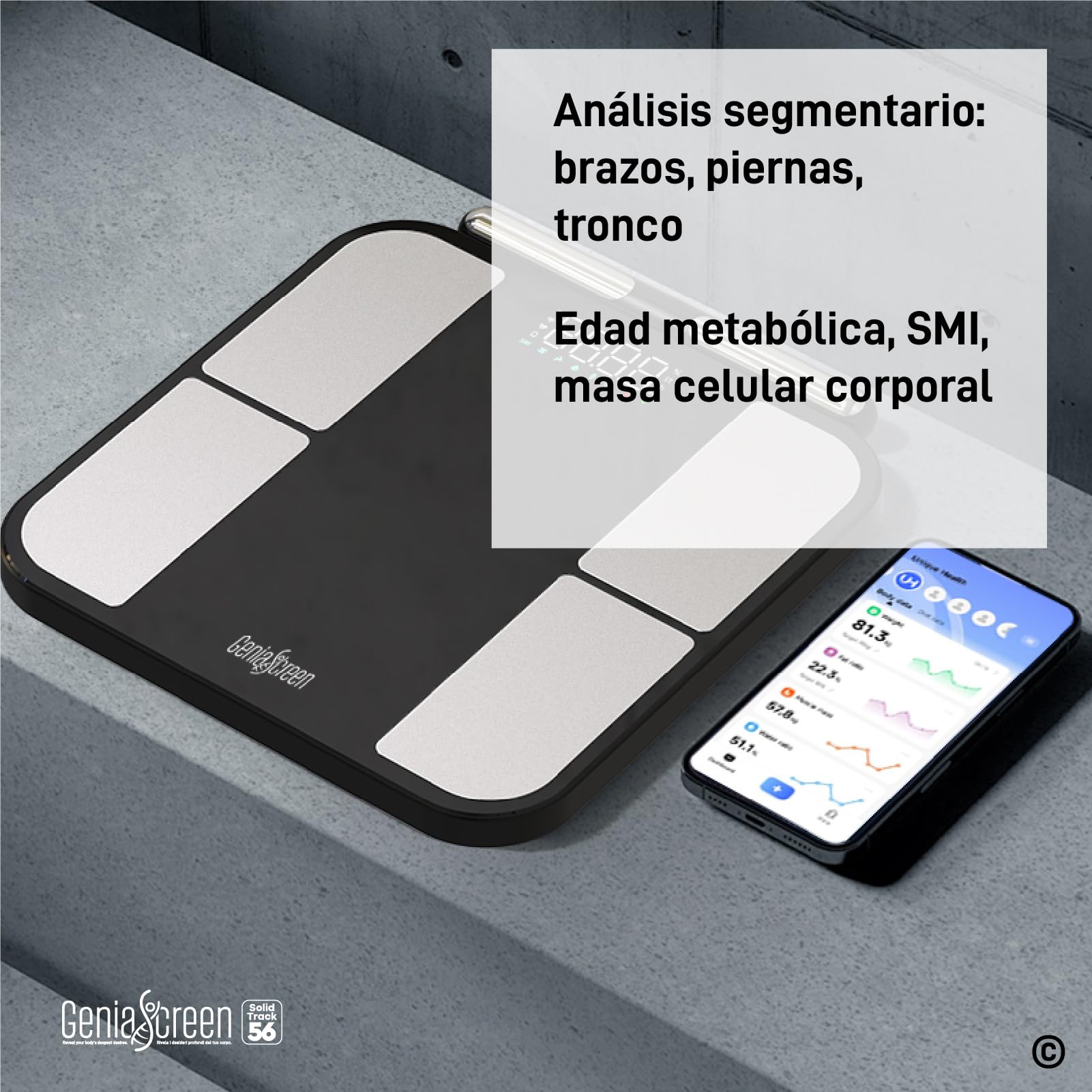 Bascula Bioimpedancia Smart Balanca Personas Inteligente con 56 Mediciones en Vidrio Templado Capacidad 180Kg GeniaScreen SolidTrack con Display LED - para Masa Muscular Grasa BMI Bluetooth