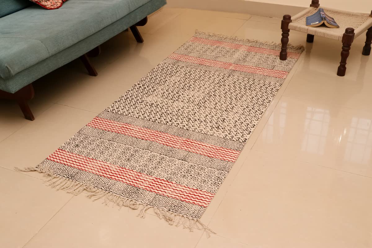 ESTHETIQUE by NUPUR Cotton Hand-Woven Hand Block Printed Rugs for Living Area for Bedroom ining Table Rug Floor 2.5 ft. x 6 ft.