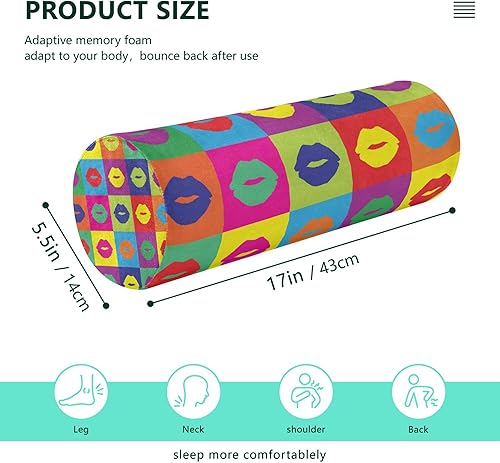 Miniatura 2 de JUNZAN Plaid Kiss Color Bed Bolster Pillow Cervical Neck Roll Pillow Round Pillow Insert for Legs Support Pillow Cervical Roll Cylinder