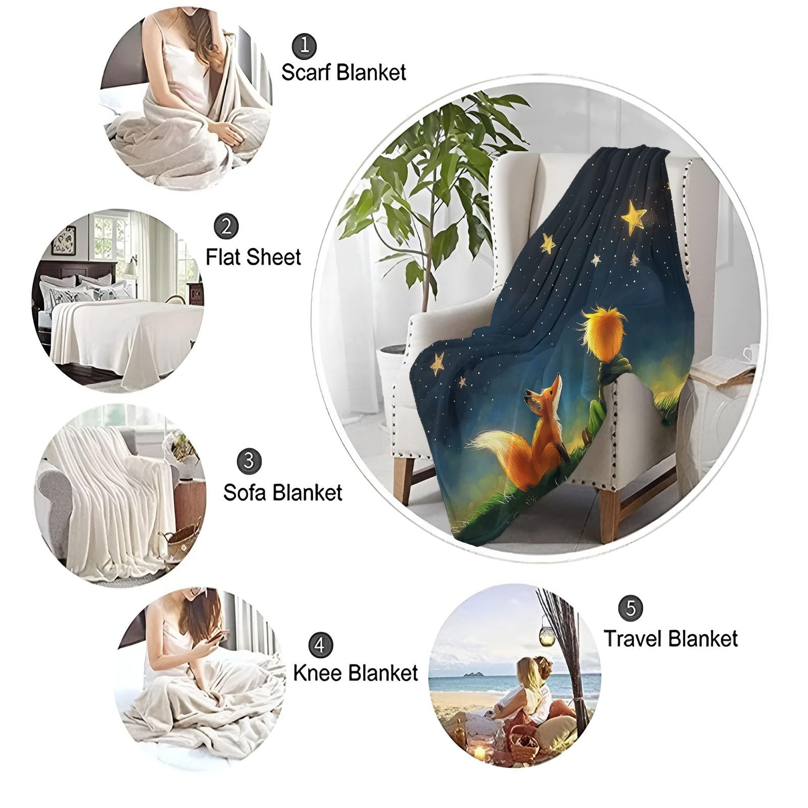 Flanell-Plüsch Kuscheldecke 150 x 200 cm - Fuchs- und Prinz-Motiv unter Sternenhimmel Muster Decken für das Winterschlafzimmer dekorativ Klimaanlagendecke Reisedecke