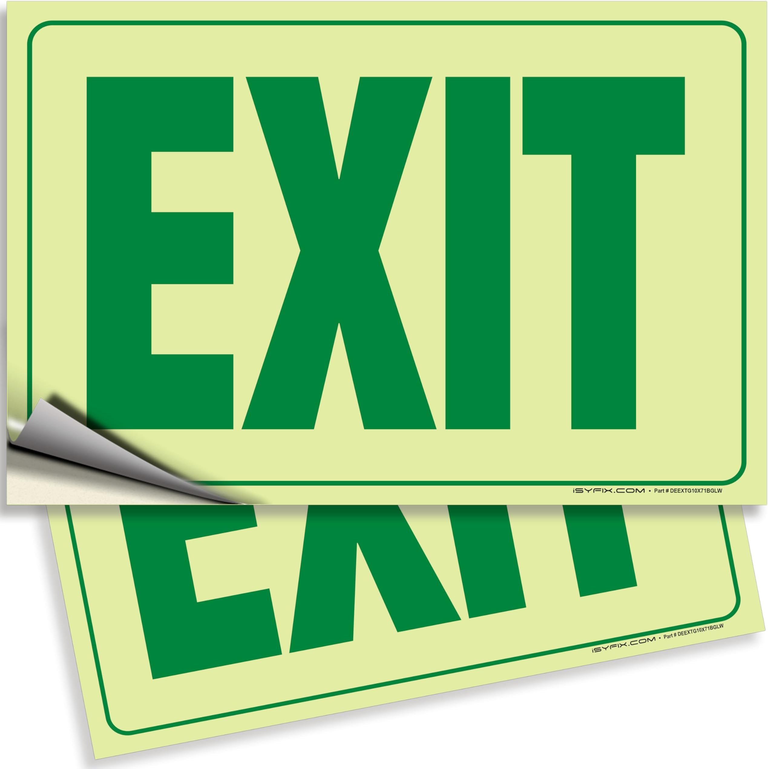 iSYFIXExit Photoluminescent Signs Stickers โ 2 Pack 10x7 Inch โ Premium Self-Adhesive Glow in The Dark Vinyl, Laminated for Ultimate UV, Weather, Scratch, Water and Fade Resistance, Indoor & Outdoor