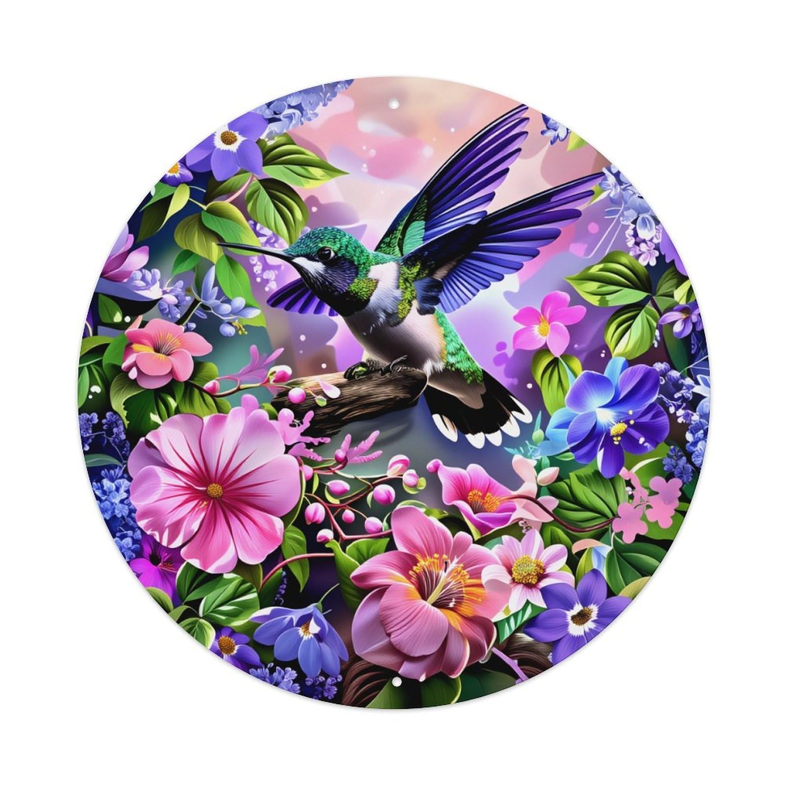Hummingbird Flower Garden Art Print Round Tin Sign Vintage Metal Poster, Home Bar Garage Man Cave Cafe Indoor & Outdoor Wall Decoration 8x8Inches