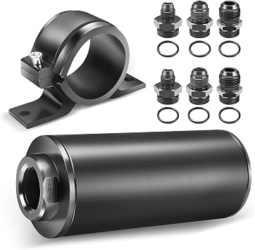 Inline Fuel Filter, 10 Microns Fuel Filter- EffectivelyFilters Gasoline & Diesel-Equipped with 6AN 8AN 10ANAdapter and 50MM Universal Bracket Clamp
