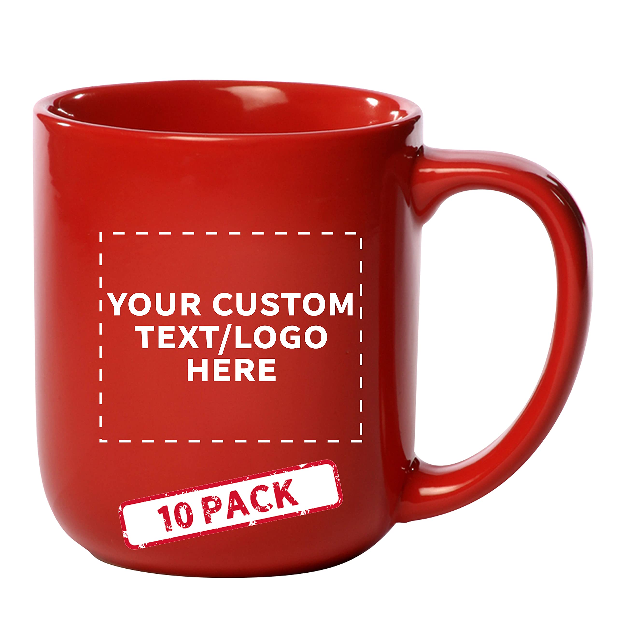 DISCOUNT PROMOS Custom Vibrant Color Glossy Ceramic Mugs 16 oz. Set of 10, Personalized Bulk Pack - Perfect for Tea, Espresso, Cappuccino, Hot Cocoa - Red - Custom - Red 10 mugs