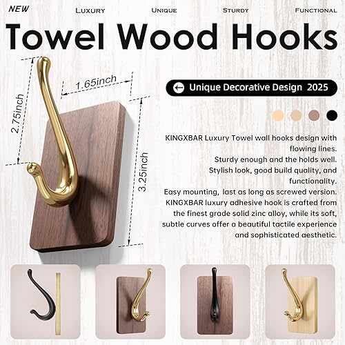 Miniatura 5 de Ganchos de pared adhesivos de lujo de nogal real, ganchos de toalla resistentes para colgar abrigos, batas, sombreros, llaves, bolsas y proporcionan