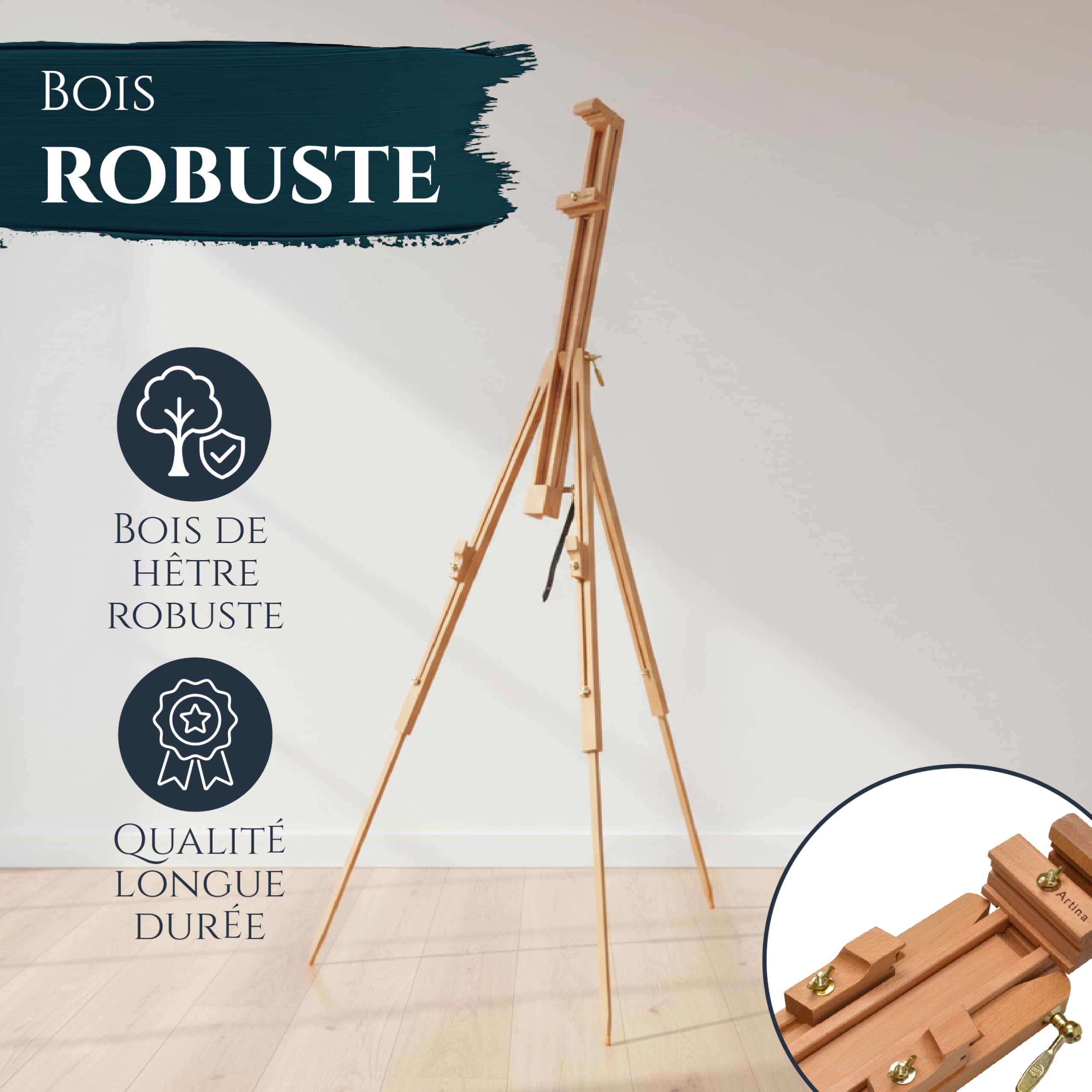 Artina chevalet en bois hêtre pour toiles jusqu'à 100cm pliable