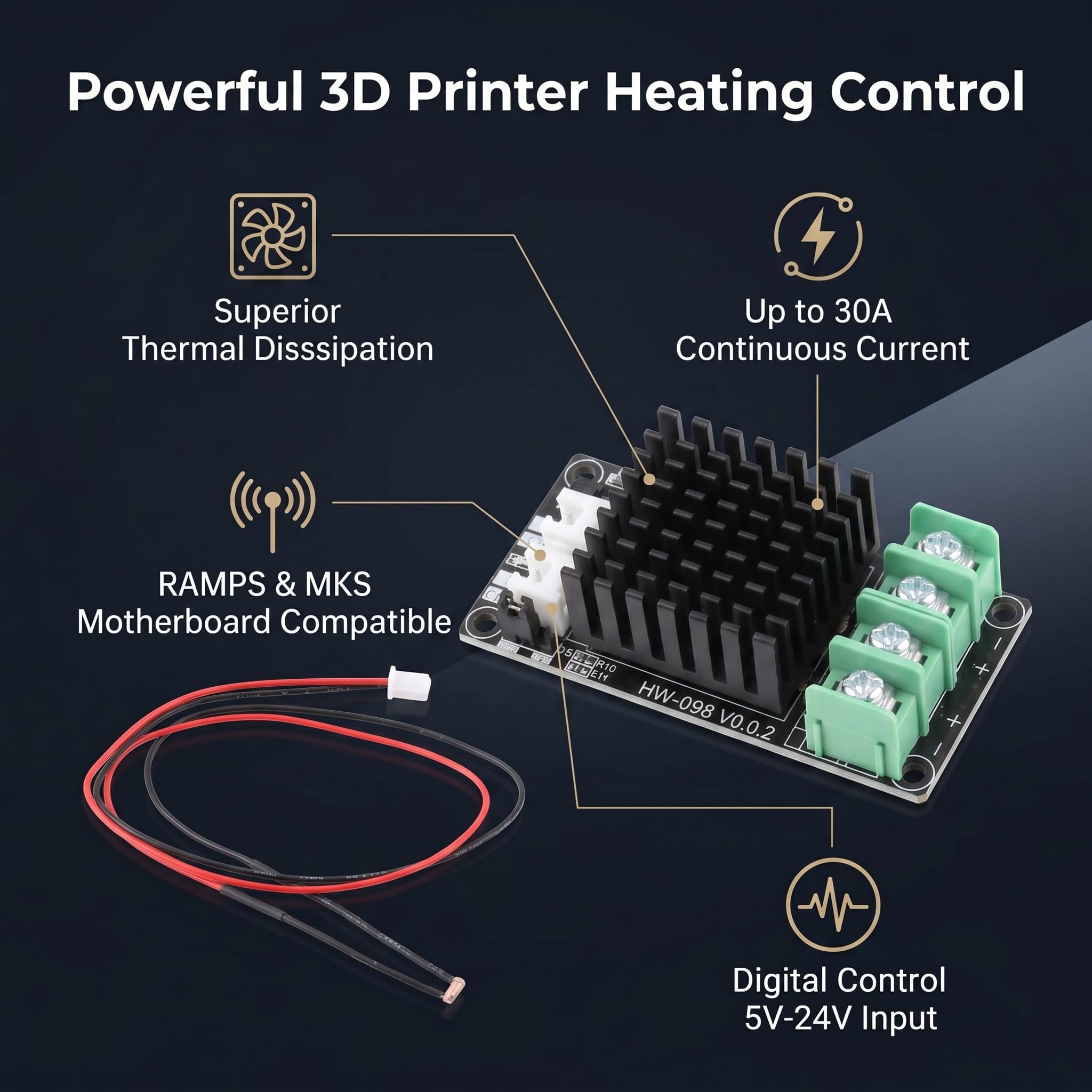 Modulo MOSFET 30A per Stampante 3D, Regolatore Temperatura Letto Riscaldato, Controllo Riscaldamento 3D Printer, Dimensioni 66,6x32mm