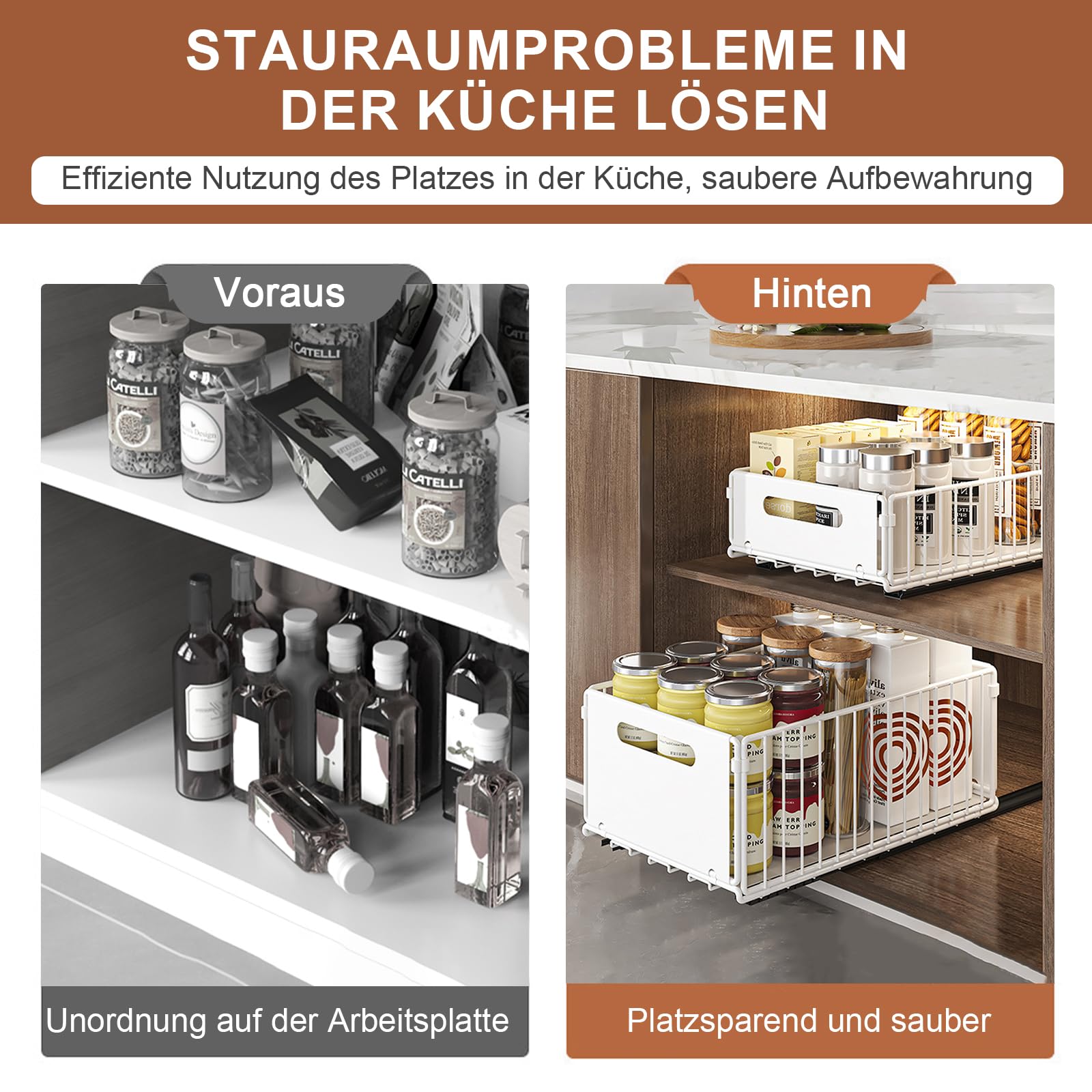 faltbarer ausziehbarer Schrank-Organizer, ausziehbarer Schrank-Organizer, ausziehbare Schubladen-Regalaufbewahrung für die Organisation von Küchenschränken (White, 2 Large + 2 Small)