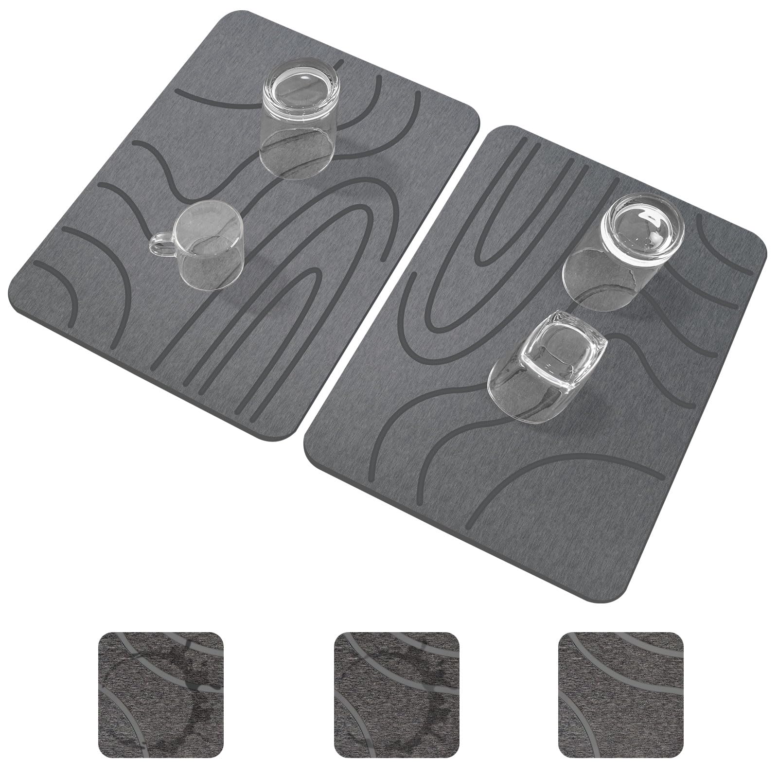 2 Pack Stone Drying Mat for Kitchen Counter,16''x12'' Quick Dish Drying Stone Mat Kitchen,Double-sided Diatomaceous Earth Stone Drying Mat,Won't Collect Water, Stone Dish Drying Mat (Curved Stripes)