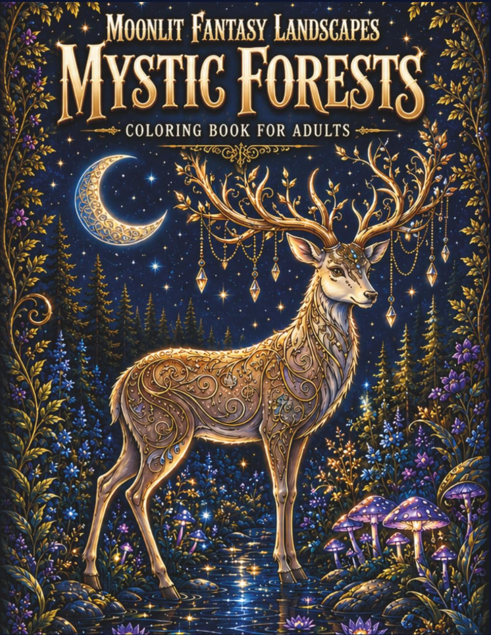 Moonlit Fantasy Landscapes: Mystic Forests: A Black Background Fantasy Coloring Book for Adults Featuring Enchanted Forests, Magical Deer, Moonlit Pathways & Mystical Night Scenes