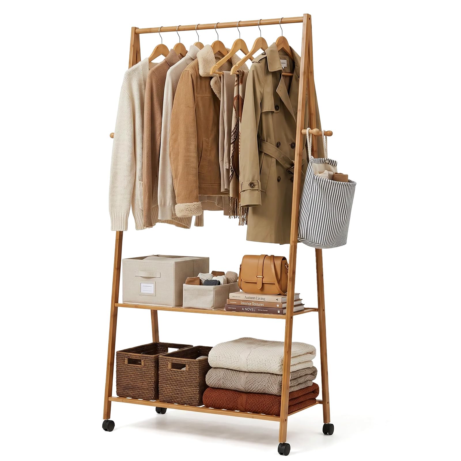 Hapilife 3 in 1 Wooden Coat Stand Hanging Clothes Rail Shoe Storage Shelves Garment Rack 158 x 70 x 44cm