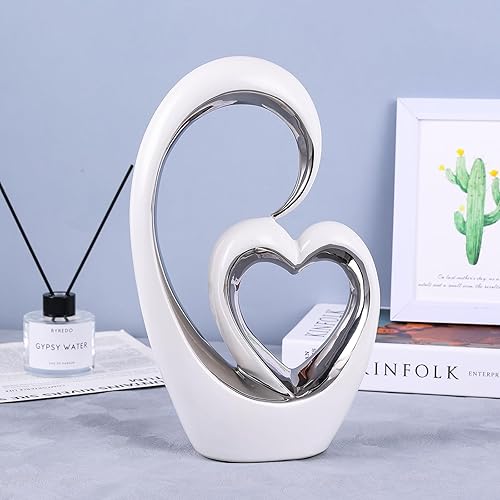 Miniatura 2 de Estatua de amor de San Valentín, decoración de corazón, estatua de corazón de cerámica, escultura de corazón doble, adorno de estante de mesa,