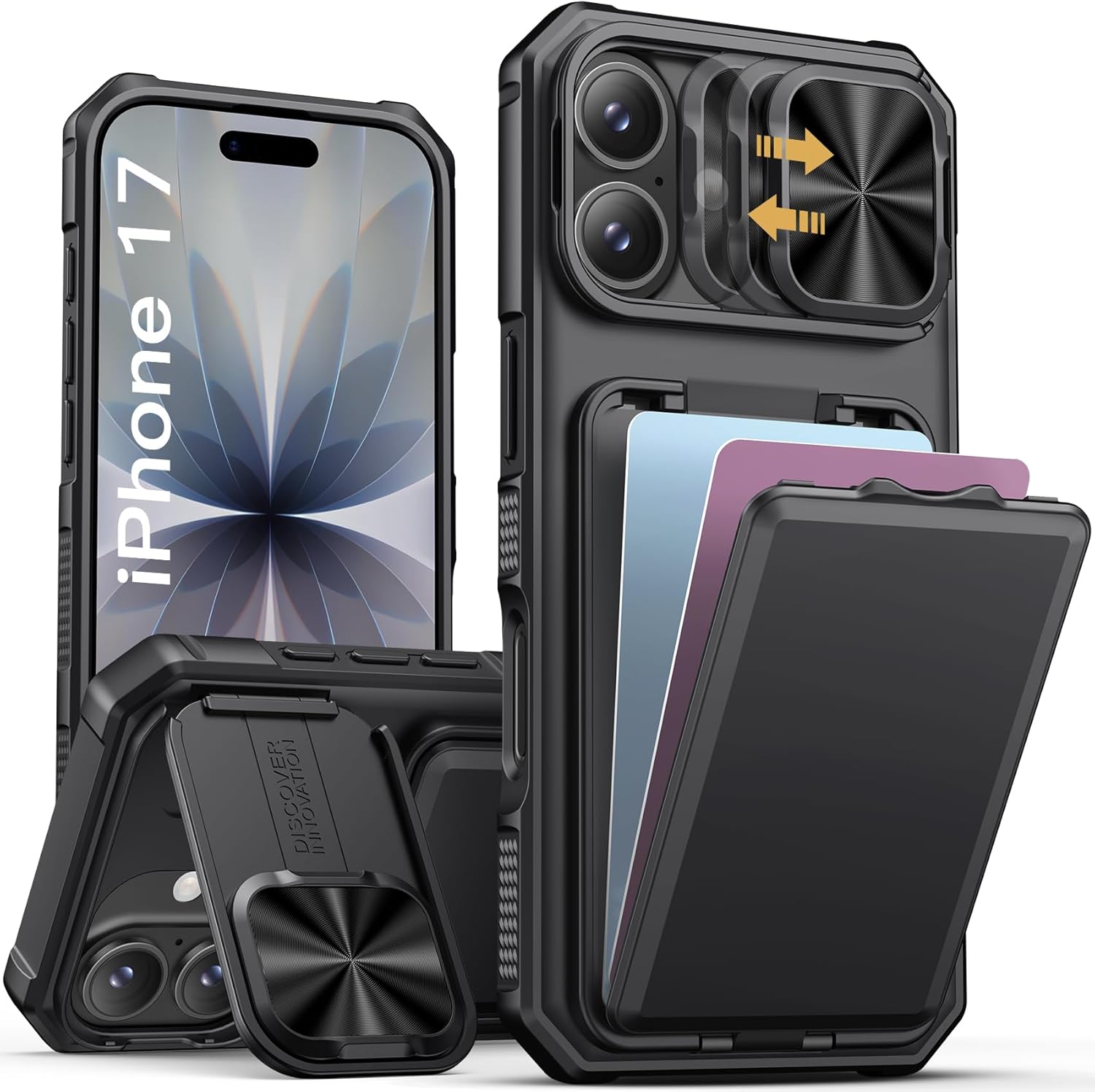 SSLOTSCASE for iPhone 17 Case with Card Holder & Kickstand & Slide Camera Lens Cover & Camera Stand & Wallet, Military-Grade Heavy Duty Hard Rugged Phone Case Cover for iPhone 17 6.3'' 5G 2025, Black Black iPhone 17